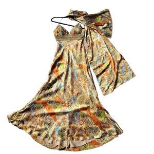 Vintage 90s Halter Slip Dress S Gold Multicolor‎ Pleated Beaded Bodice Maxi Wrap